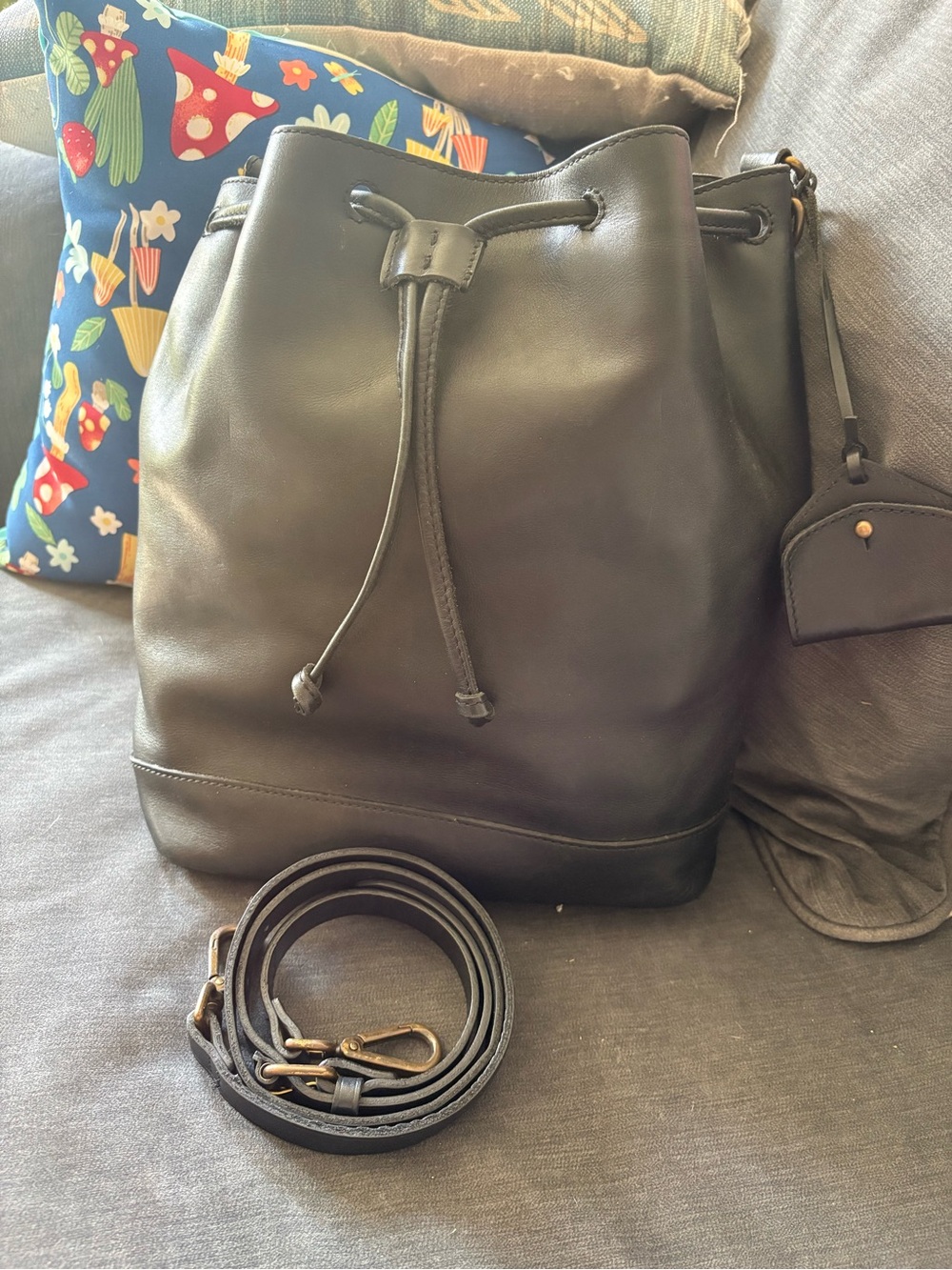 Madewell Black Leather Drawstring Crossbody Bucket Bag